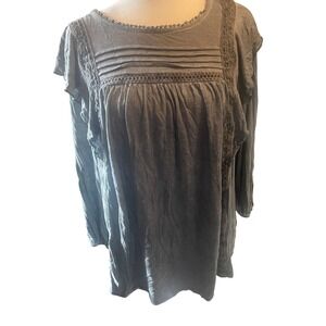 Knox Rose Women Boho Crochet Trim Pleated Top Medium Gray Peasant Cottagecore